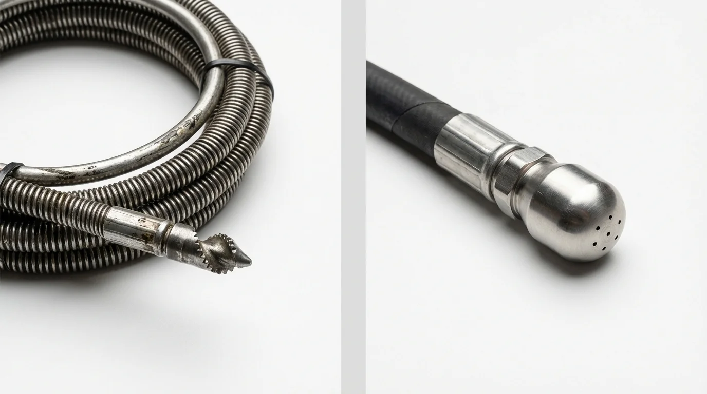 Drain snake cable and hydro jetting nozzle used for drain cleaning in Oxford, MA