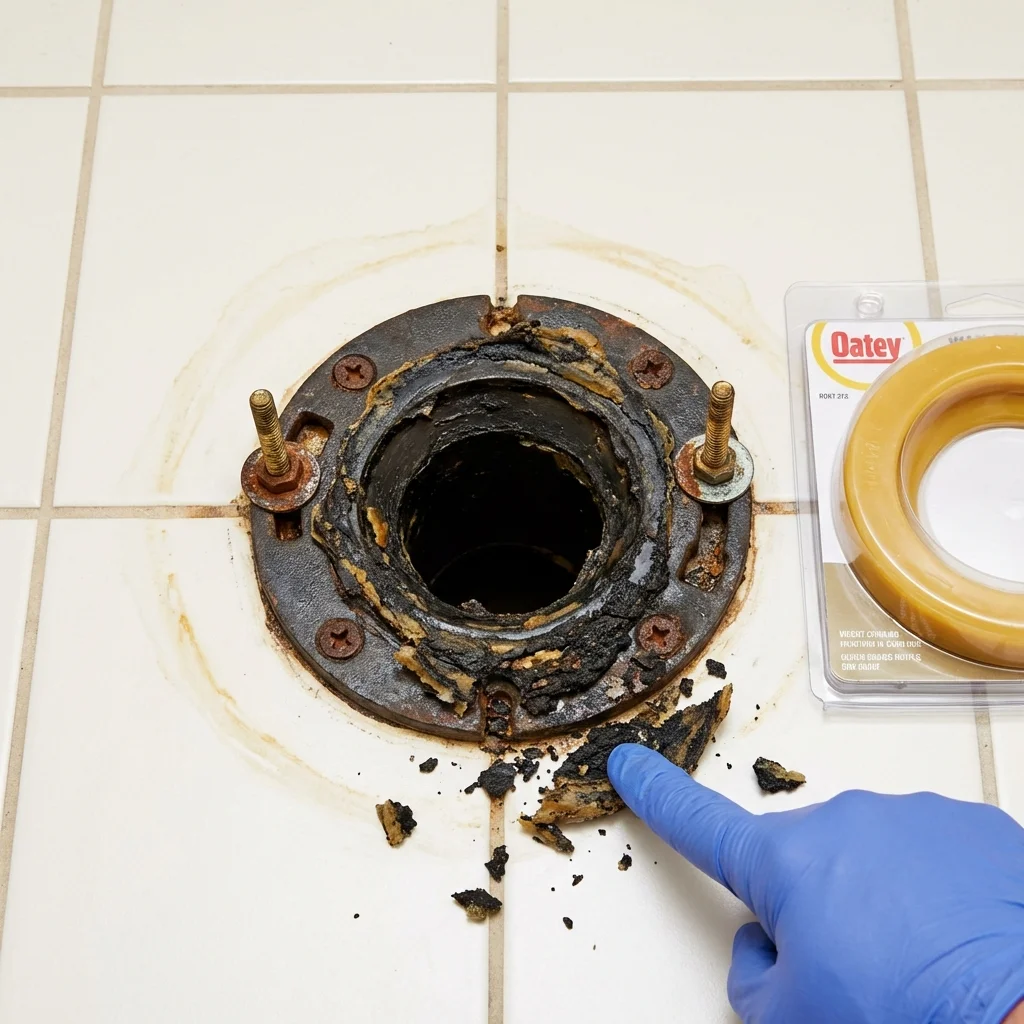 Failed wax ring showing water seepage at the base of a toilet in a Oxford, MA home