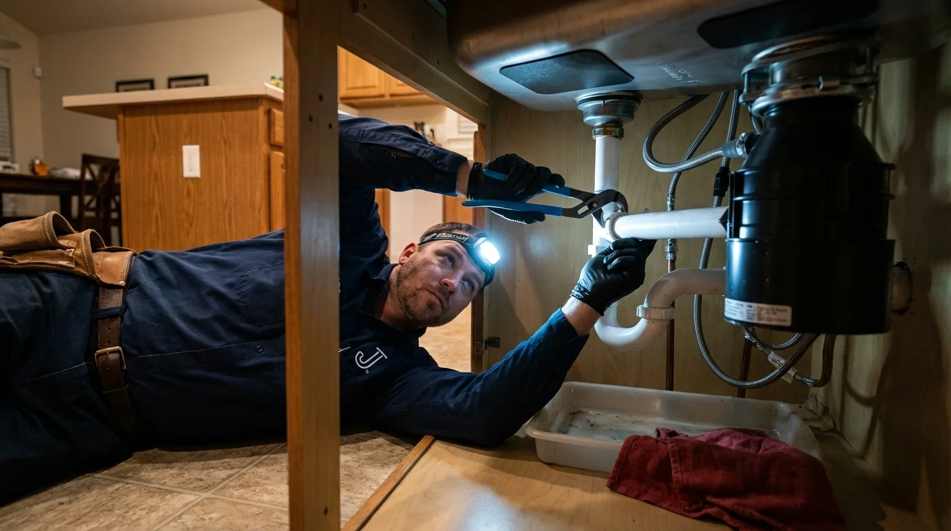 P-trap and supply line connections under a kitchen sink showing a common leak point in Oxford, MA